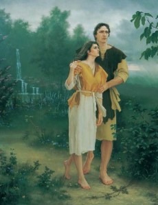 Adán y Eva descendieron de su estado de gloria inmortal y paradisíaca a un estado probatorio sobre la tierra. A esto se le llama la Caída