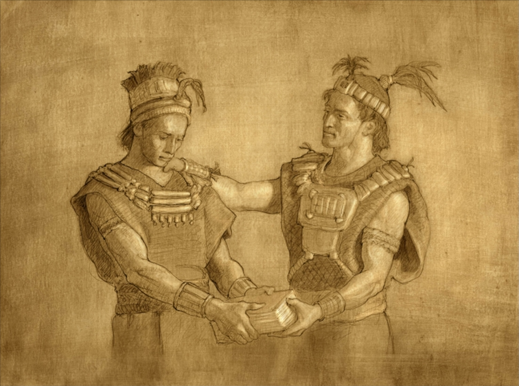 Mormón entrga las planchas a su hijo Moroni