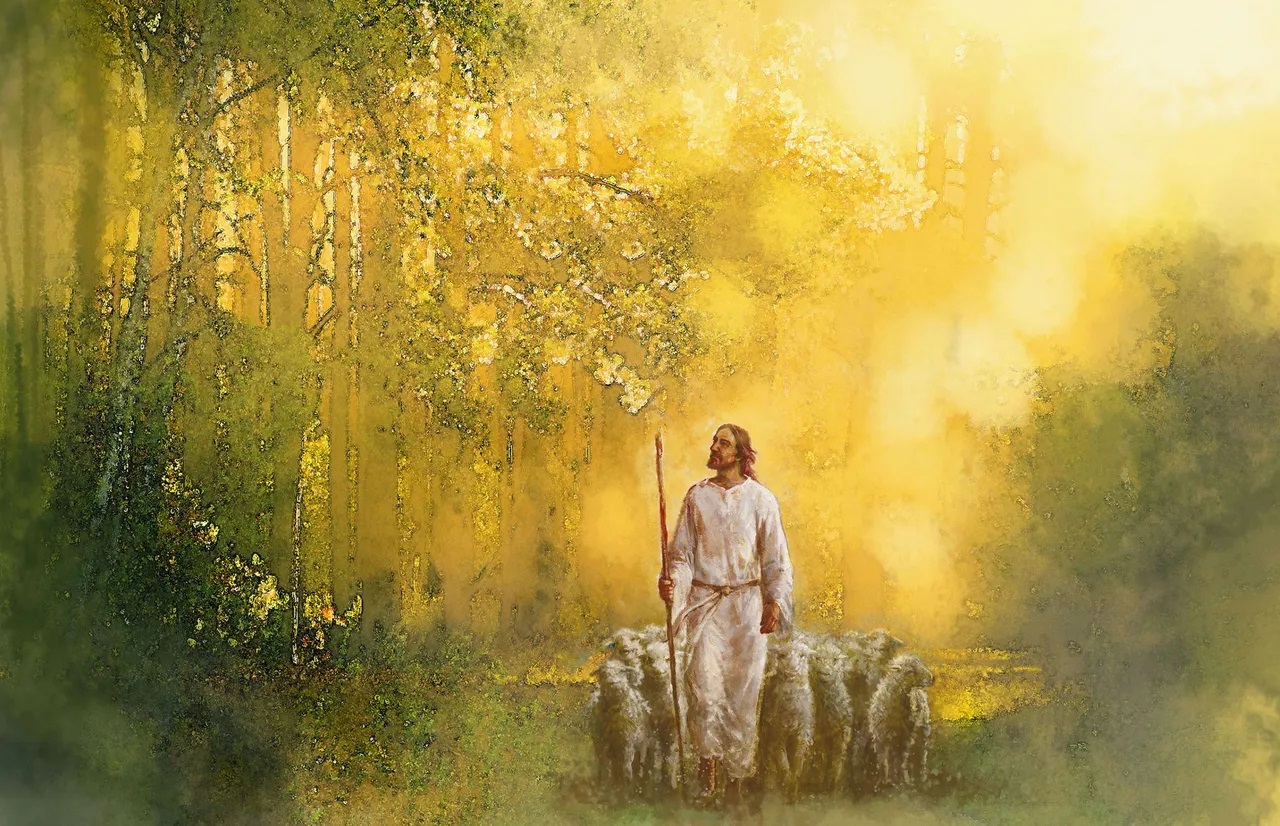 Jesús guía a unas ovejas